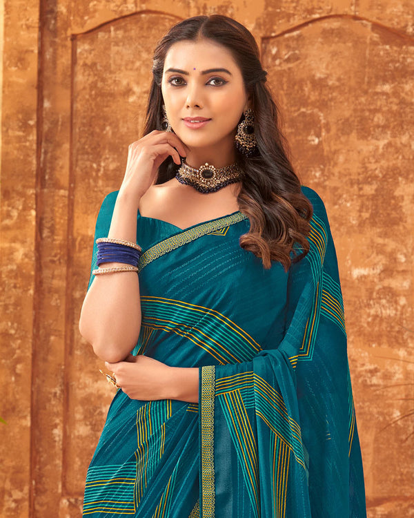 Vishal Prints Peacock Blue Printed Patterned Georgette Saree With Fancy Border