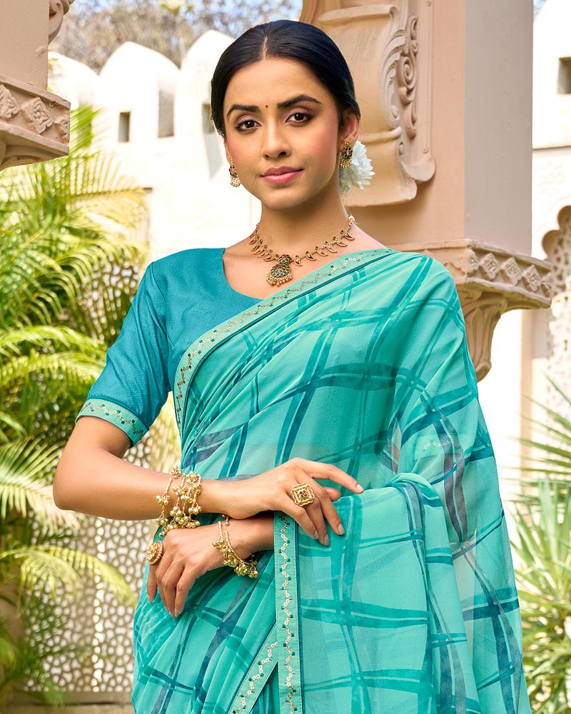 Vishal Prints Northern Blue Printed Georgette Saree With Embroidery Border
