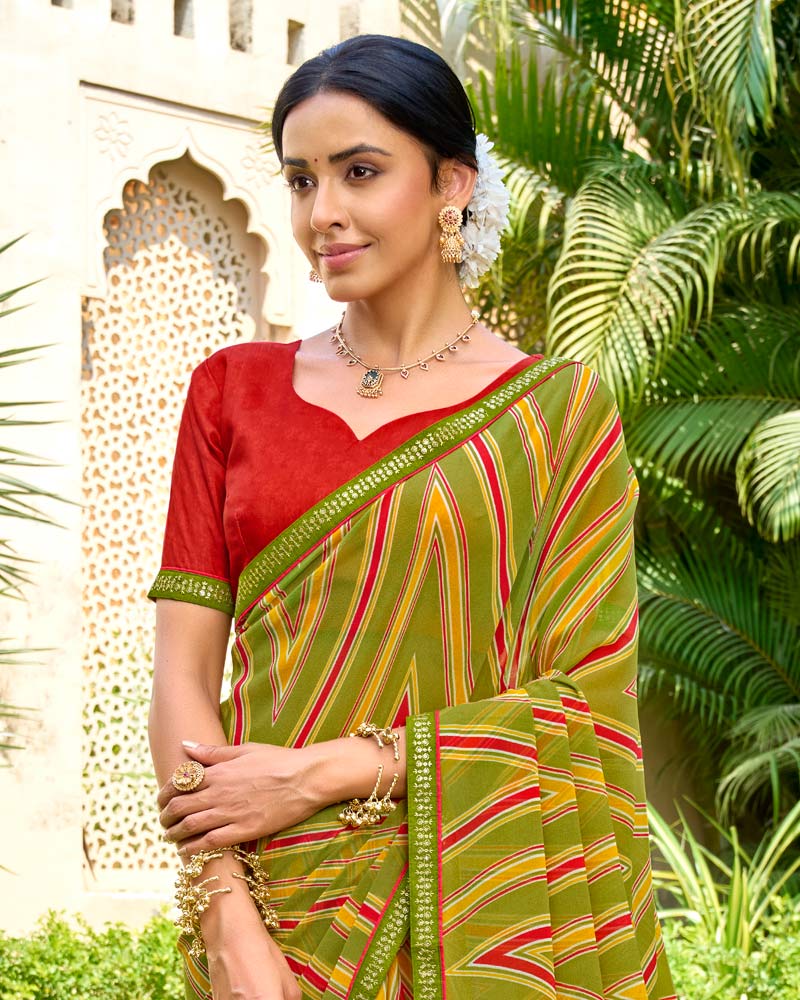 Vishal Prints Olive Green Printed Georgette Saree With Embroidery Border