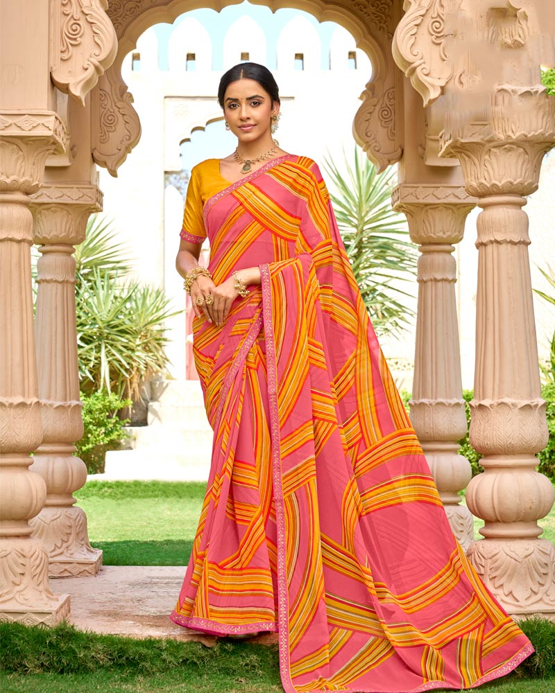 Vishal Prints Light Carmine Pink Printed Georgette Saree With Embroidery Border