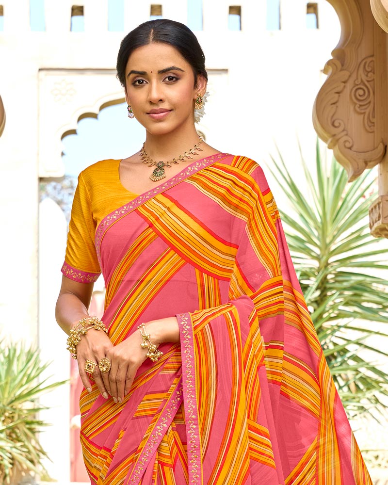Vishal Prints Light Carmine Pink Printed Georgette Saree With Embroidery Border