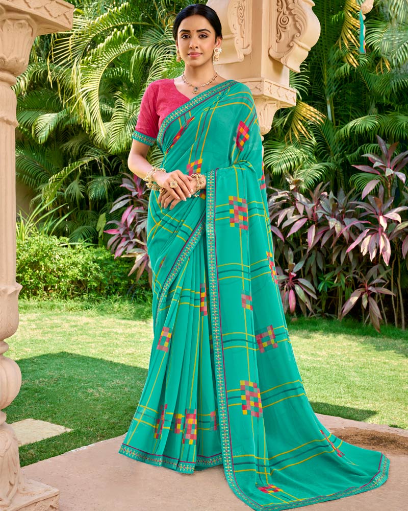 Vishal Prints Persian Green Printed Georgette Saree With Embroidery Border