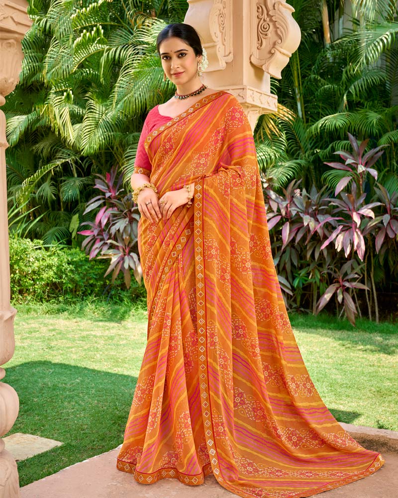 Vishal Prints Salmon Orange Printed Georgette Saree With Embroidery Border