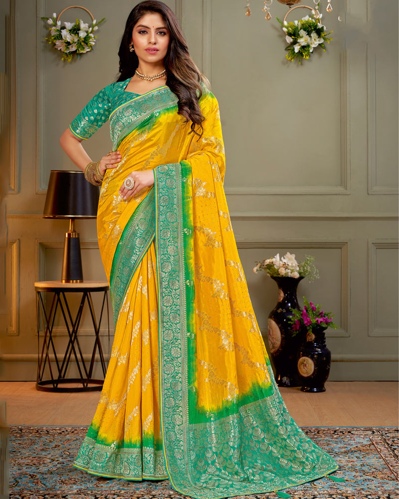 Vishal Prints Golden Yellow Designer Dola Silk Saree With Weaving And