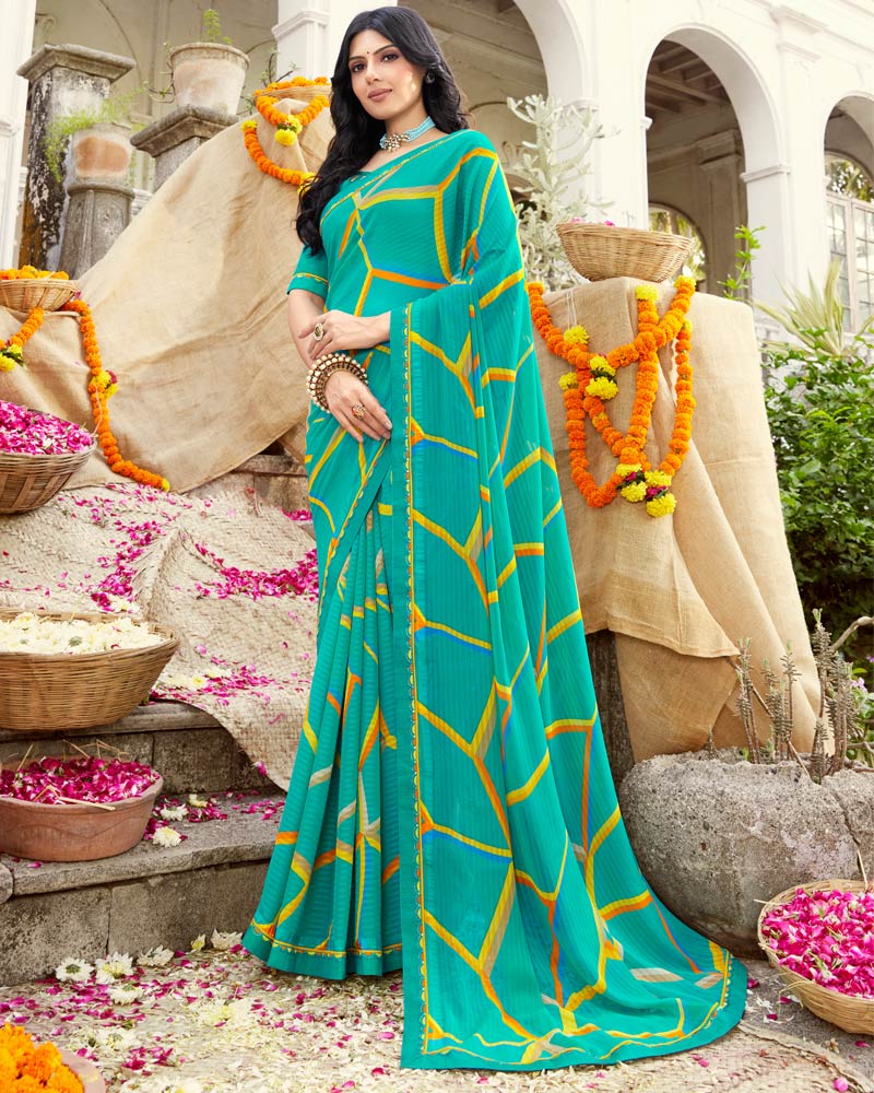 Vishal Prints Dark Turquoise Blue Printed Georgette Saree With Fancy Border