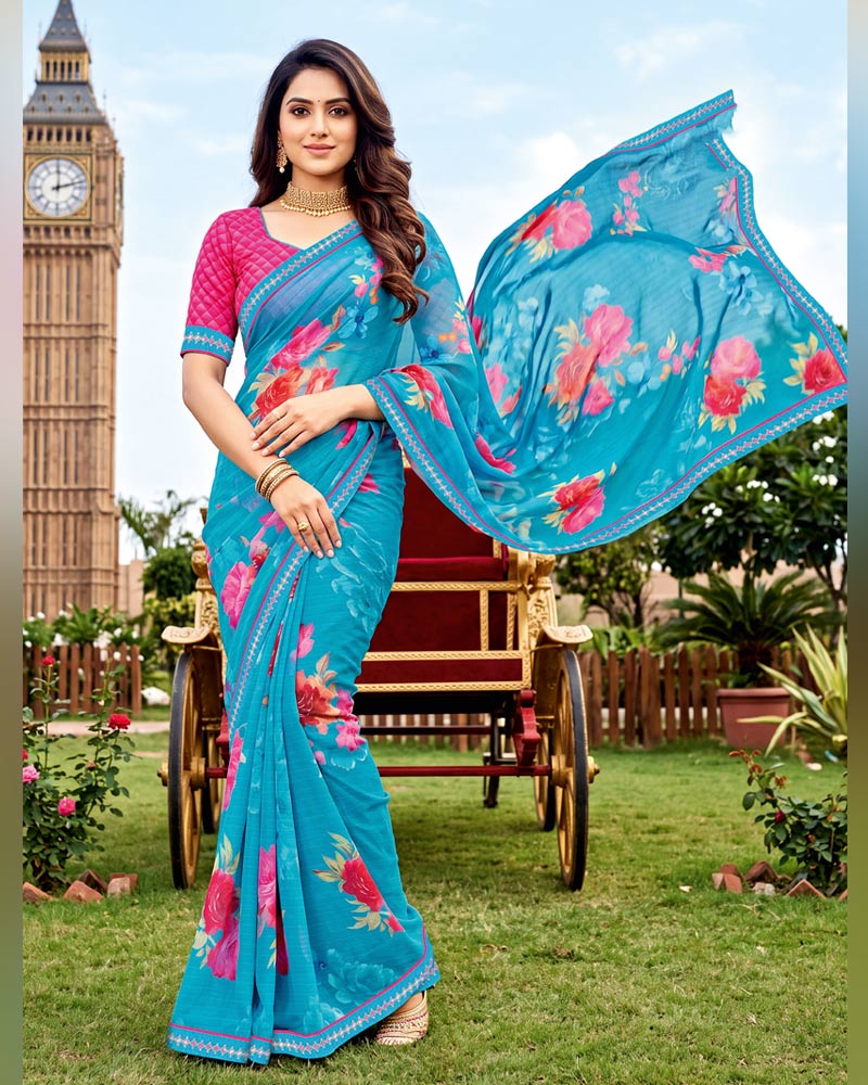 Vishal Prints Pacific Blue Printed Chiffon Saree With Fancy Embroidery Border