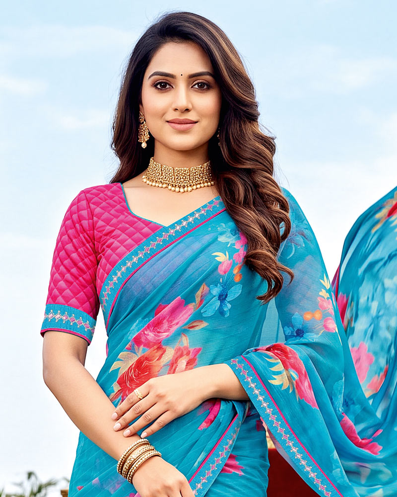 Vishal Prints Pacific Blue Printed Chiffon Saree With Fancy Embroidery Border