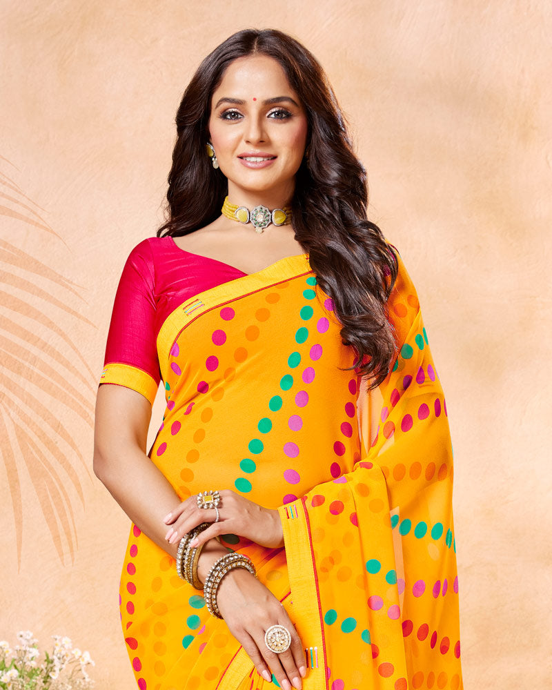Vishal Prints Dark Yellow Printed Georgette Saree With Fancy Border