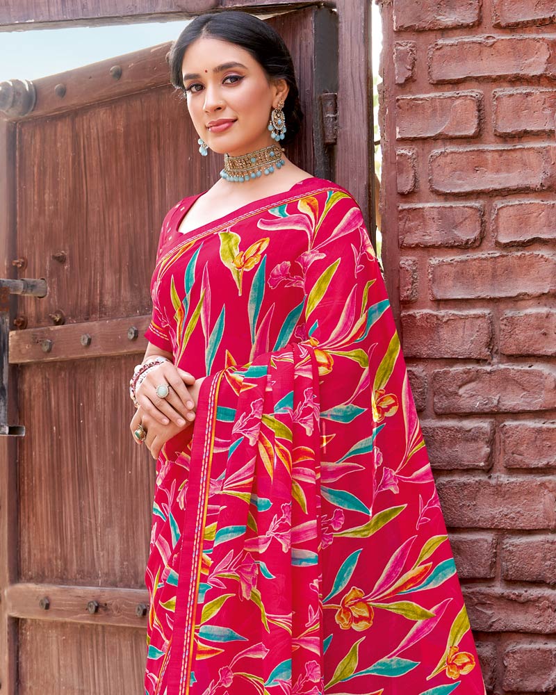 Vishal Prints Shiraz Pink Printed Patterned Georgette Saree With Fancy Border