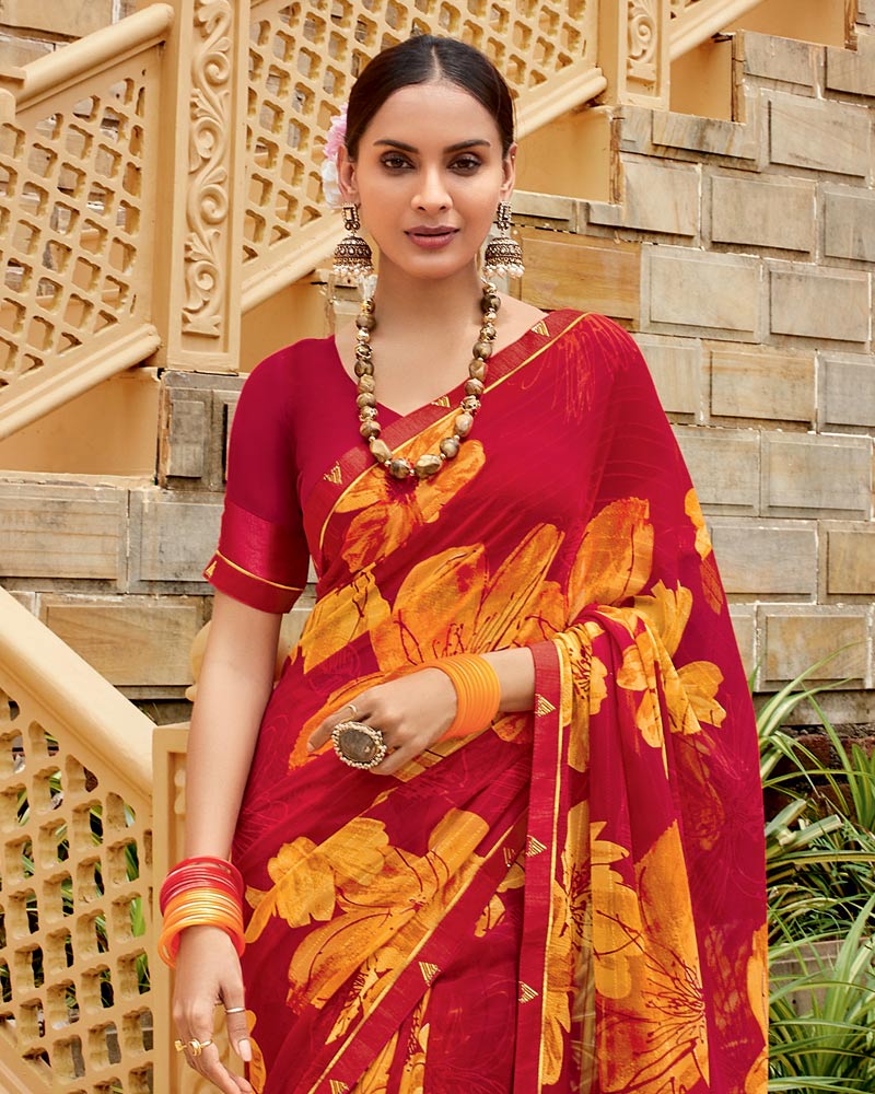 Vishal Prints Cherry Red Printed Georgette Saree With Fancy Border