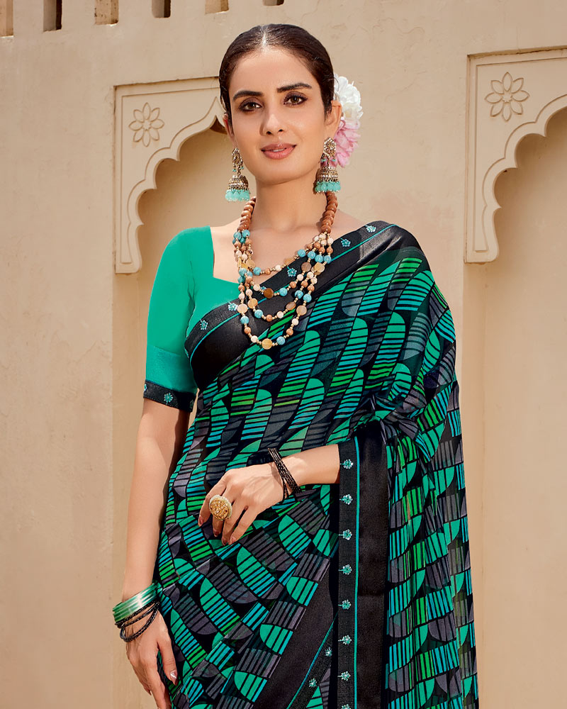 Vishal Prints Midnight Black Printed Georgette Saree With Fancy Border