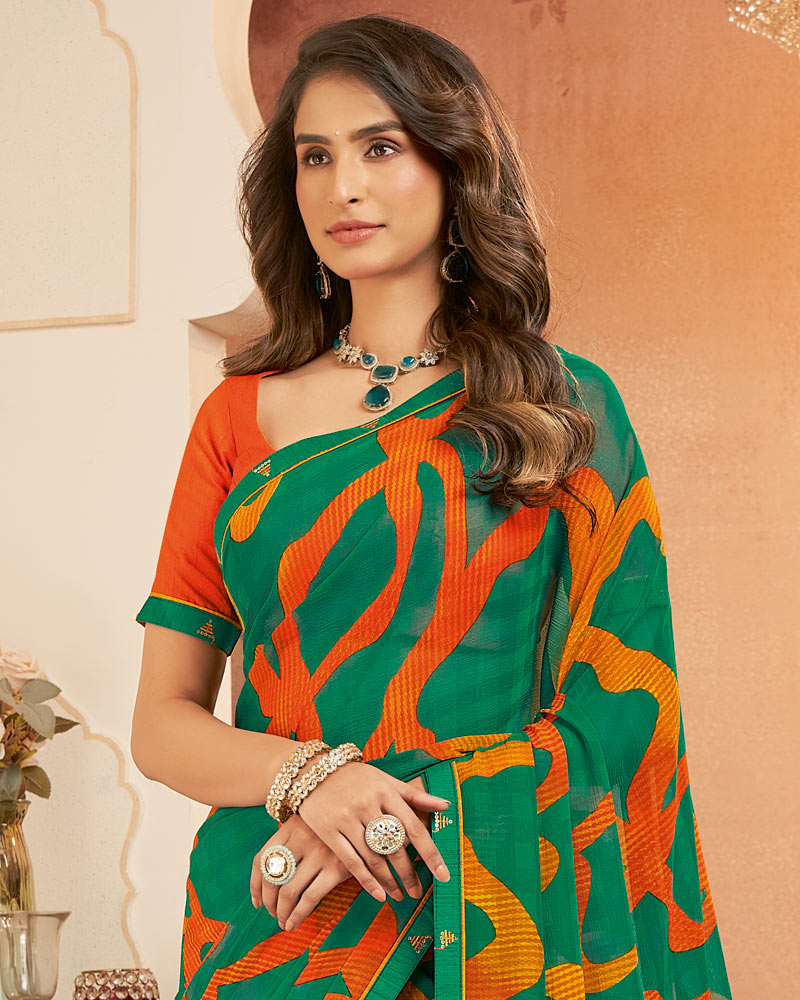 Vishal Prints Forest Green Printed Georgette Saree With Fancy Border