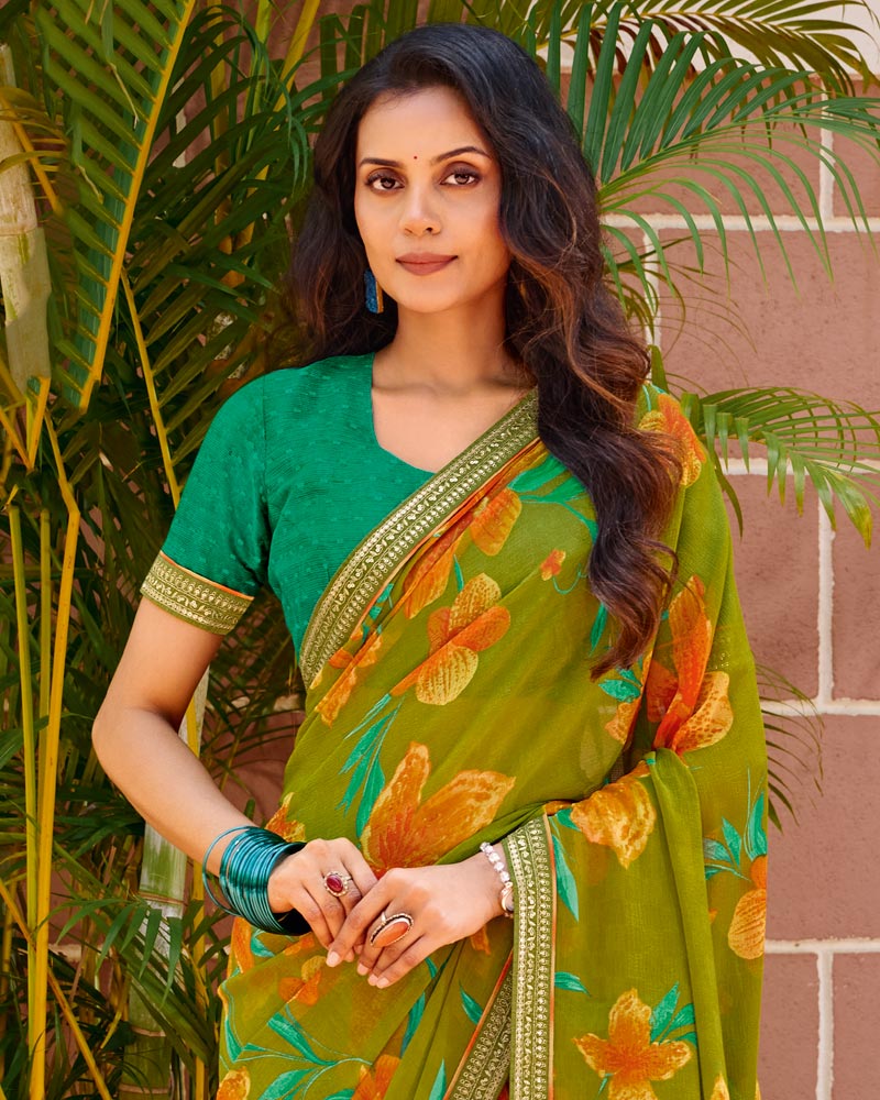 Vishal Prints Olive Green Printed Chiffon Saree With Fancy Embroidery Border