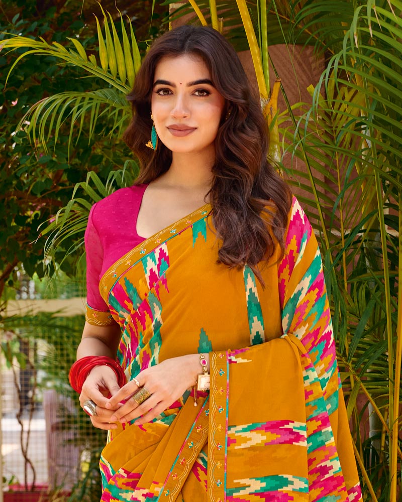 Vishal Prints Light Burnt Orange Printed Chiffon Saree With Fancy Embroidery Border