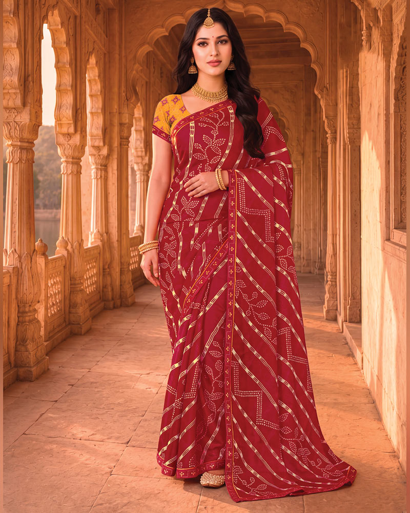 Vishal Prints Brick Red Printed Chiffon Saree With Fancy Embroidery Border