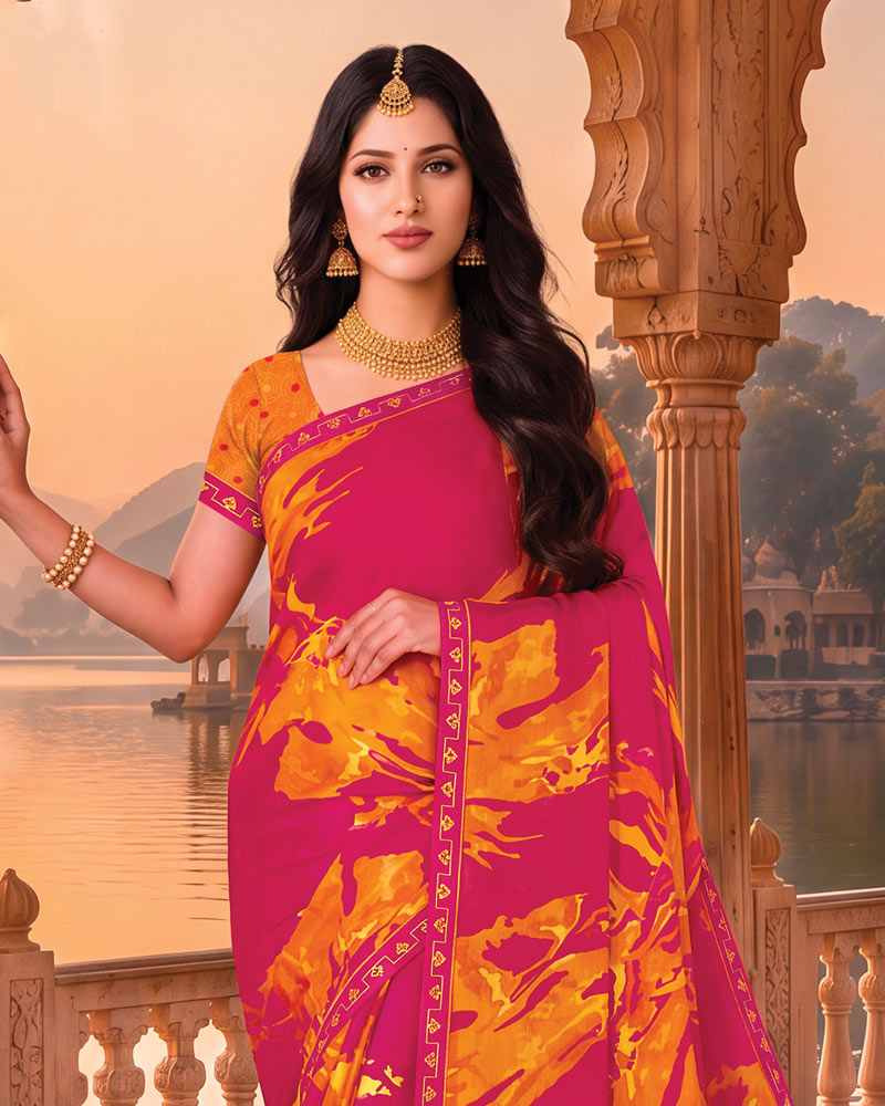 Vishal Prints Dark Burnt Pink Printed Chiffon Saree With Fancy Embroidery Border