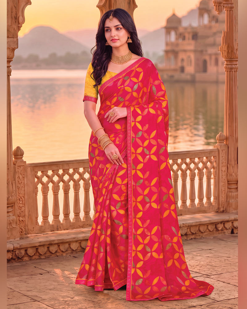 Vishal Prints Red Pink Printed Chiffon Saree With Fancy Embroidery Border
