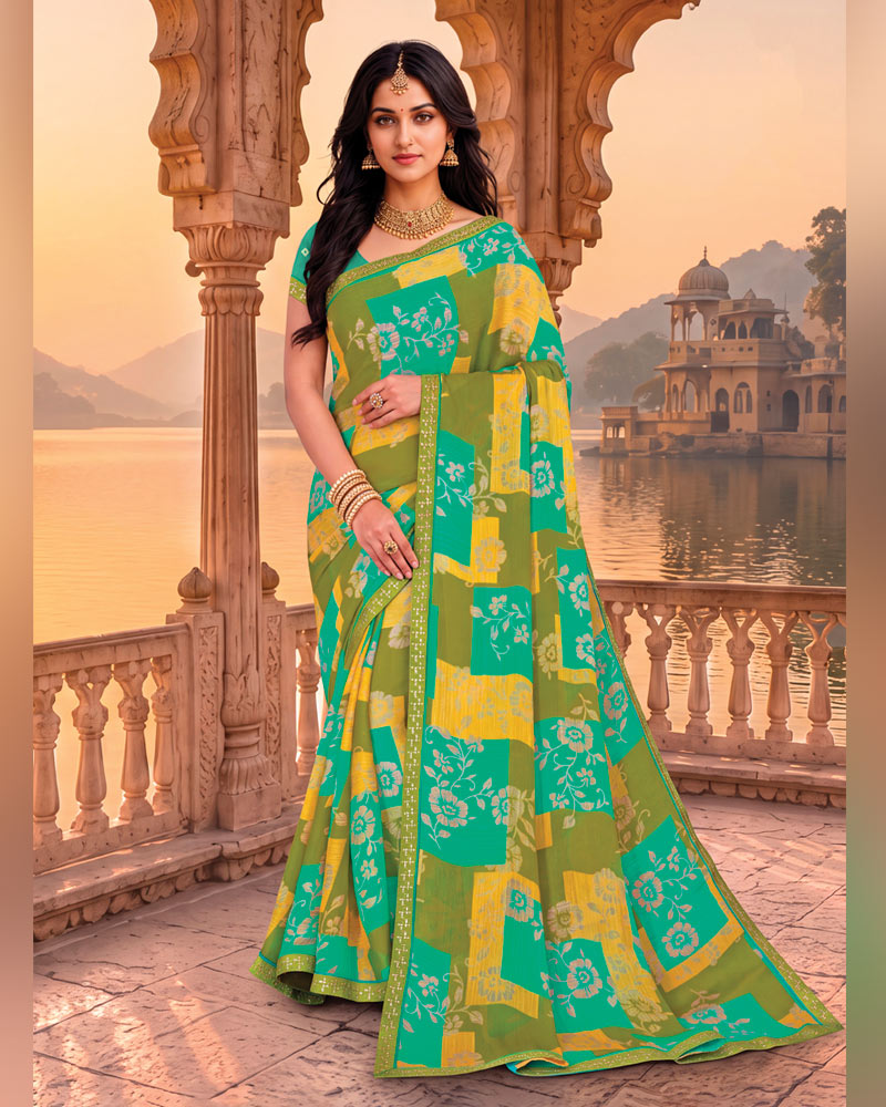 Vishal Prints Moss And Persian Green Printed Chiffon Saree With Fancy Embroidery Border