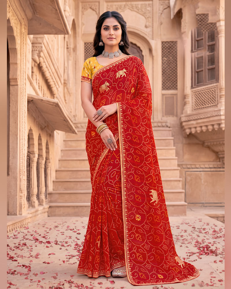 Vishal Prints Valentine Red Patterned Chiffon Traditional Print Saree With Foil Print And Fancy Embroidery Border
