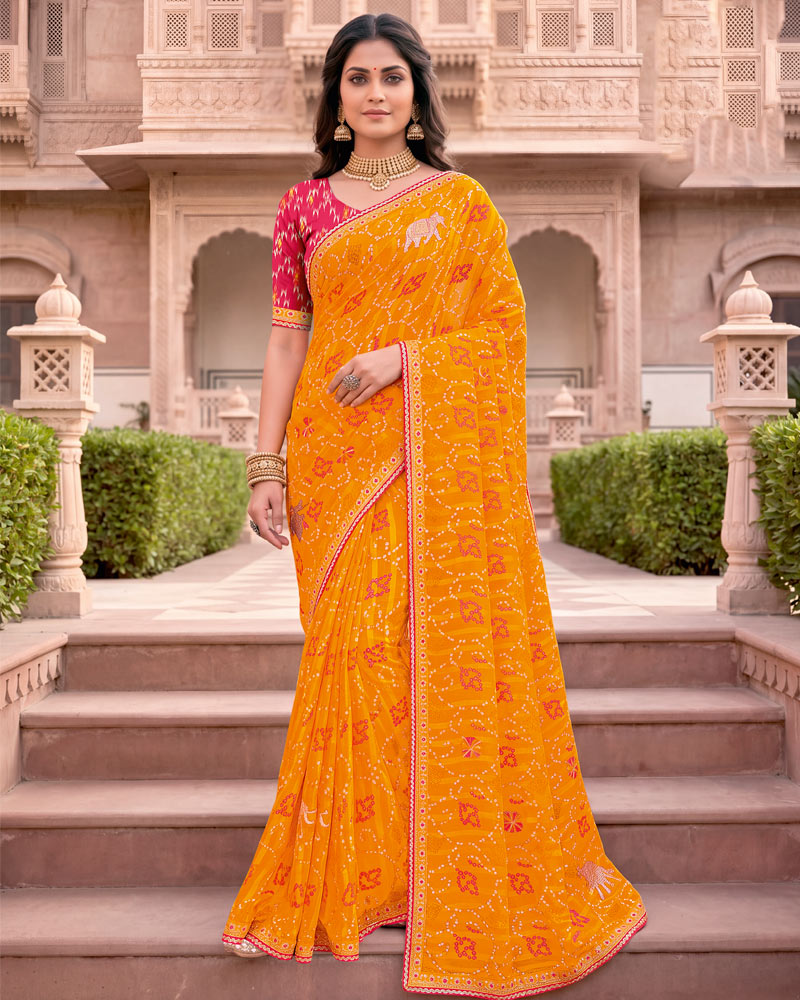 Vishal Prints Pumpikn Orange Patterned Chiffon Traditional Print Saree With Foil Print And Fancy Embroidery Border
