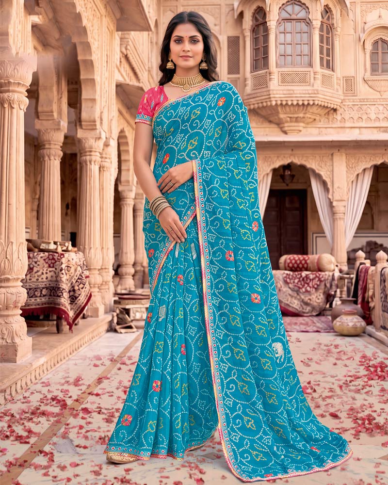 Vishal Prints Ocean Blue Patterned Chiffon Traditional Print Saree With Foil Print And Fancy Embroidery Border