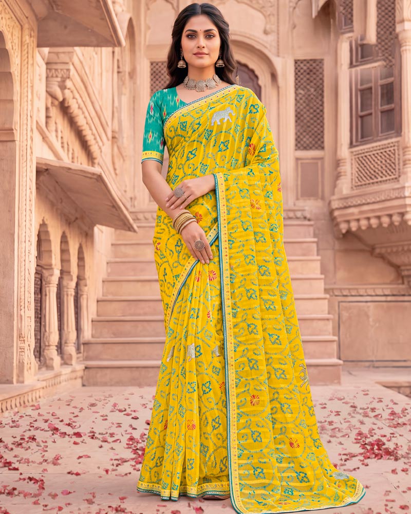 Vishal Prints Golden Yellow Patterned Chiffon Traditional Print Saree With Foil Print And Fancy Embroidery Border