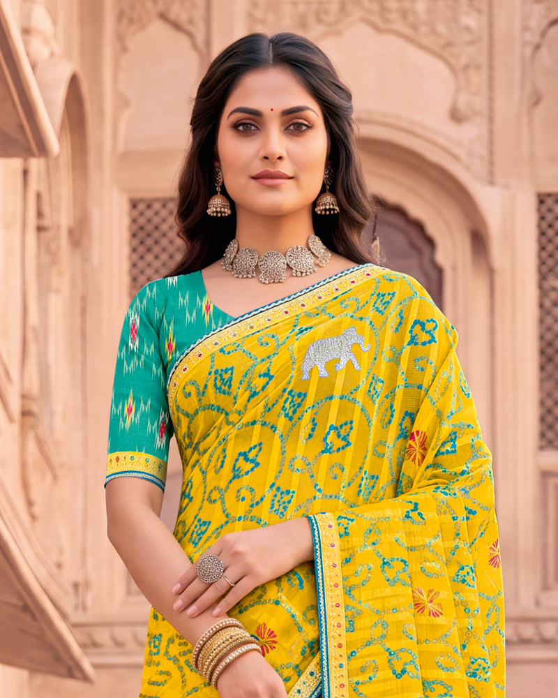 Vishal Prints Golden Yellow Patterned Chiffon Traditional Print Saree With Foil Print And Fancy Embroidery Border