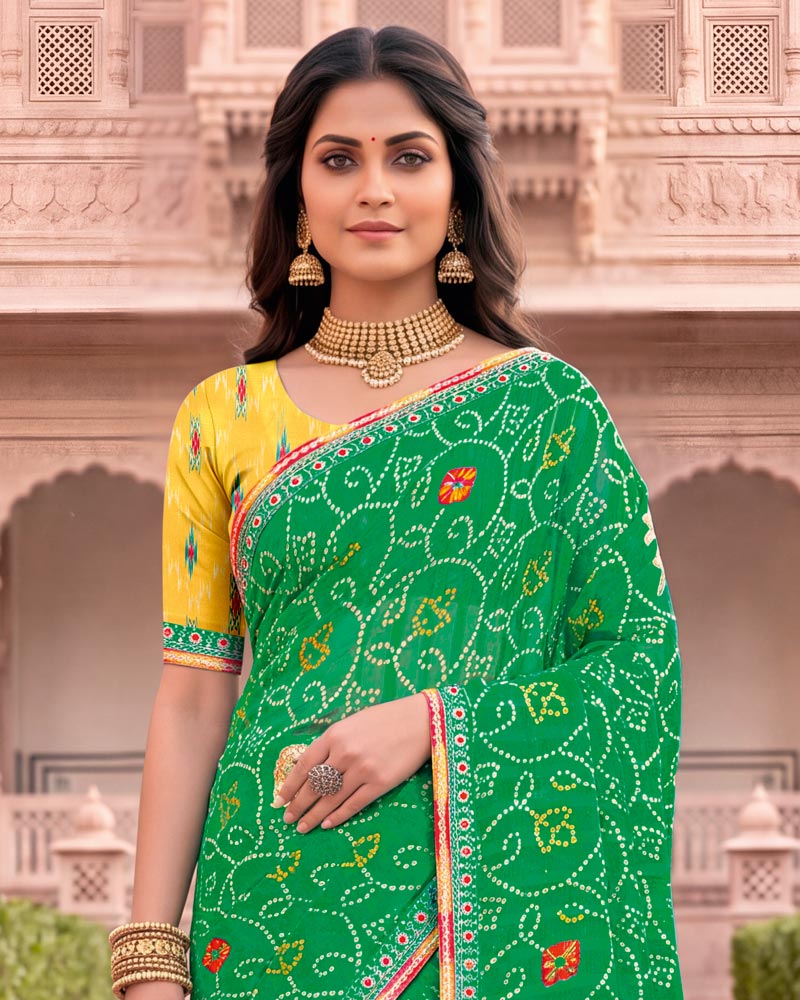 Vishal Prints Forest Green Patterned Chiffon Traditional Print Saree With Foil Print And Fancy Embroidery Border
