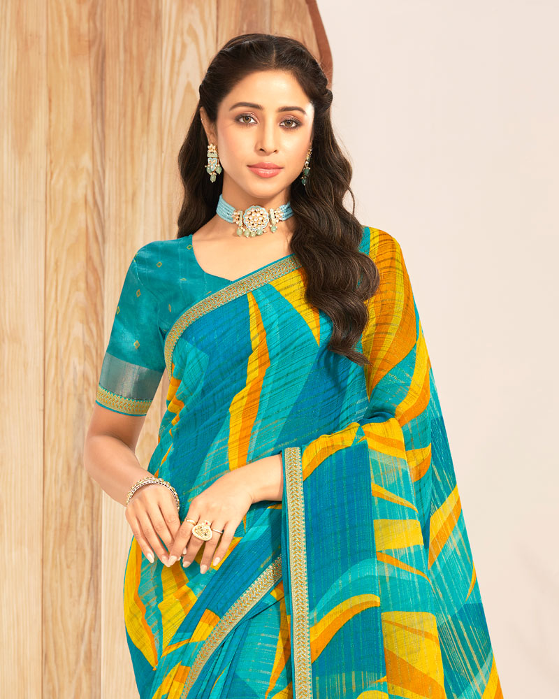 Vishal Prints Multi Blue Patterned Chiffon Printed Saree With Foil Print And Zari Border