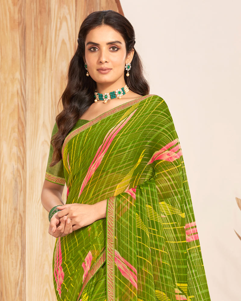 Vishal Prints Olive Green Patterned Chiffon Printed Saree With Foil Print And Zari Border
