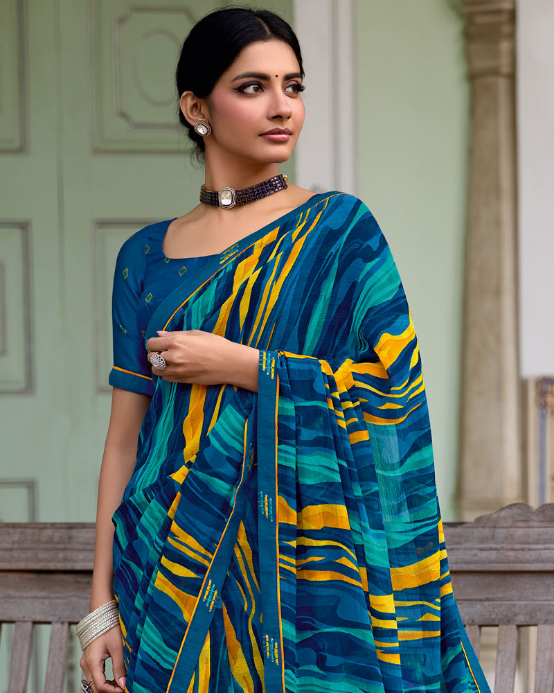 Vishal Prints Dark Blue Printed Chiffon Saree With Zari Border