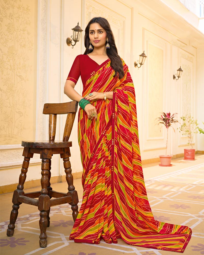 Vishal Prints Rust Orange Printed Chiffon Saree With Fancy Border