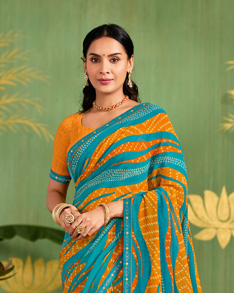 Vishal Prints Bondi Blue Printed Chiffon Saree With Fancy Embroidery Border