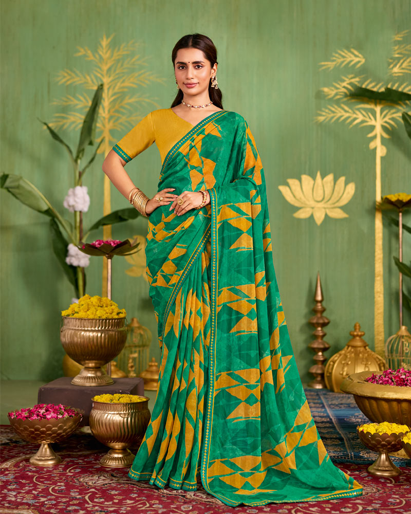 Vishal Prints Jade Green Printed Chiffon Saree With Fancy Embroidery Border