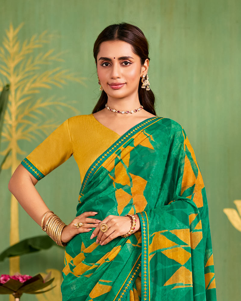 Vishal Prints Jade Green Printed Chiffon Saree With Fancy Embroidery Border