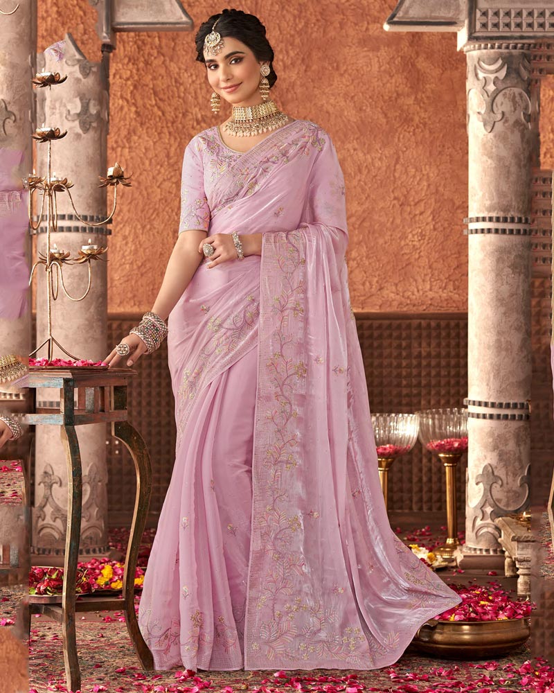 Vishal Prints Baby Pink Designer Organza Saree With Embroidery Diamond Work  And Core Piping
