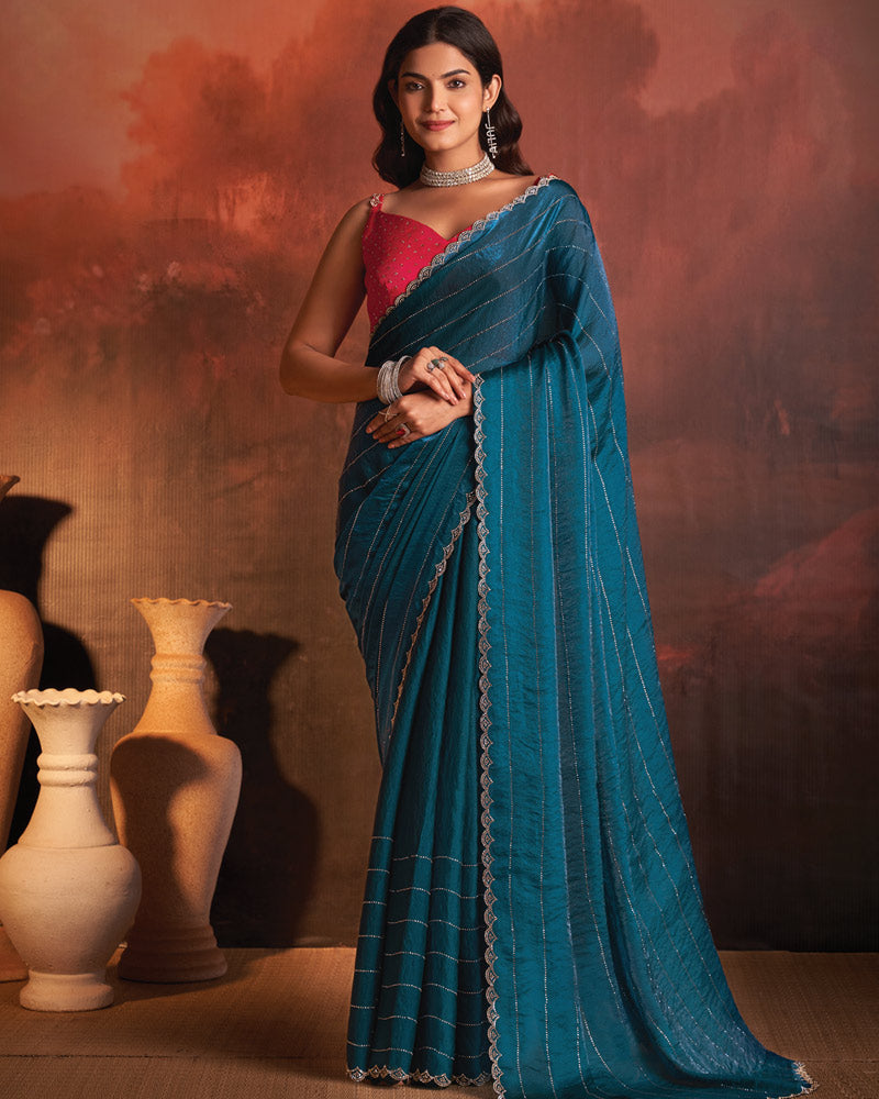 Vishal Prints Peacock Blue Designer Fancy Satin Saree With Diamond Work And Cut Work Border