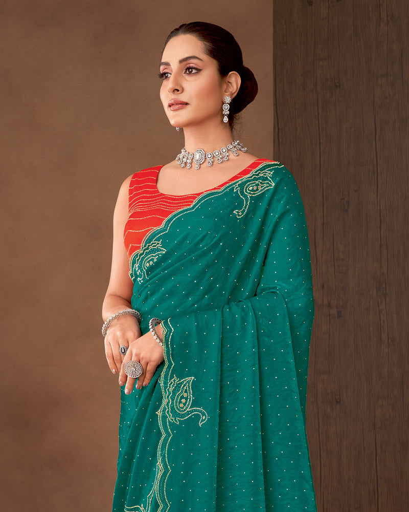 Vishal Prints Tropical Green Designer Satin Saree With Diamond Work And Cut Work Diamond Border