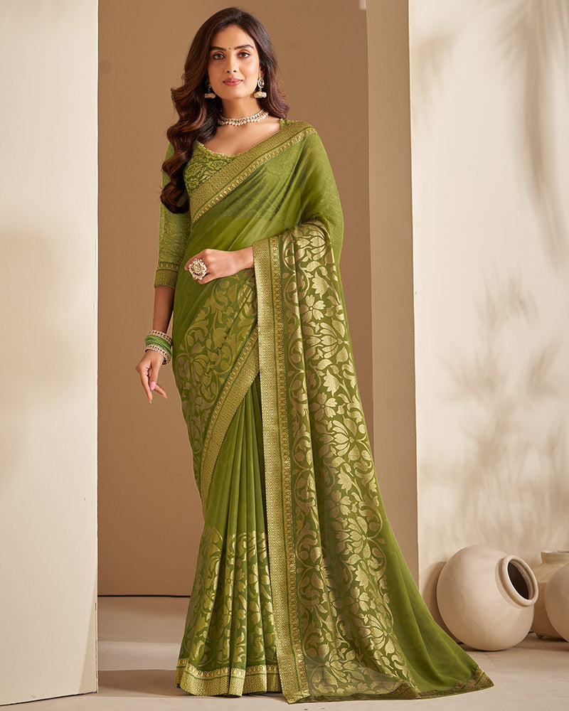 Vishal Prints Mehandi Green Georgette Saree With Foil Print And Jari Border