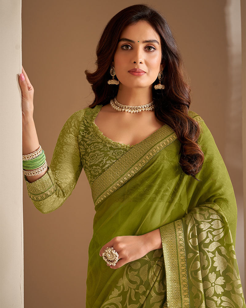 Vishal Prints Mehandi Green Georgette Saree With Foil Print And Jari Border