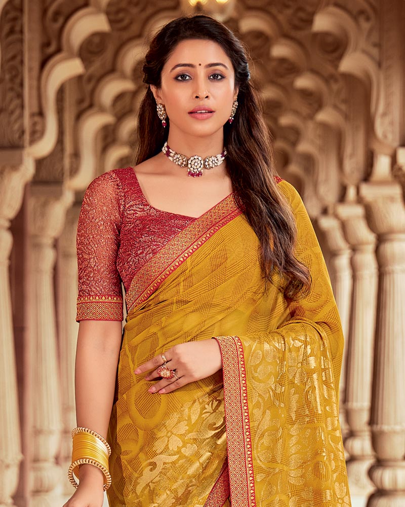 Vishal Prints Yellow Ochre Printed Georgette Saree With Foil Print And Zari Border