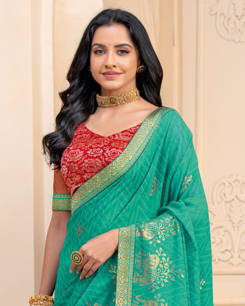 Vishal Prints Persian Green Georgette Saree With Foil Print And Zari Border