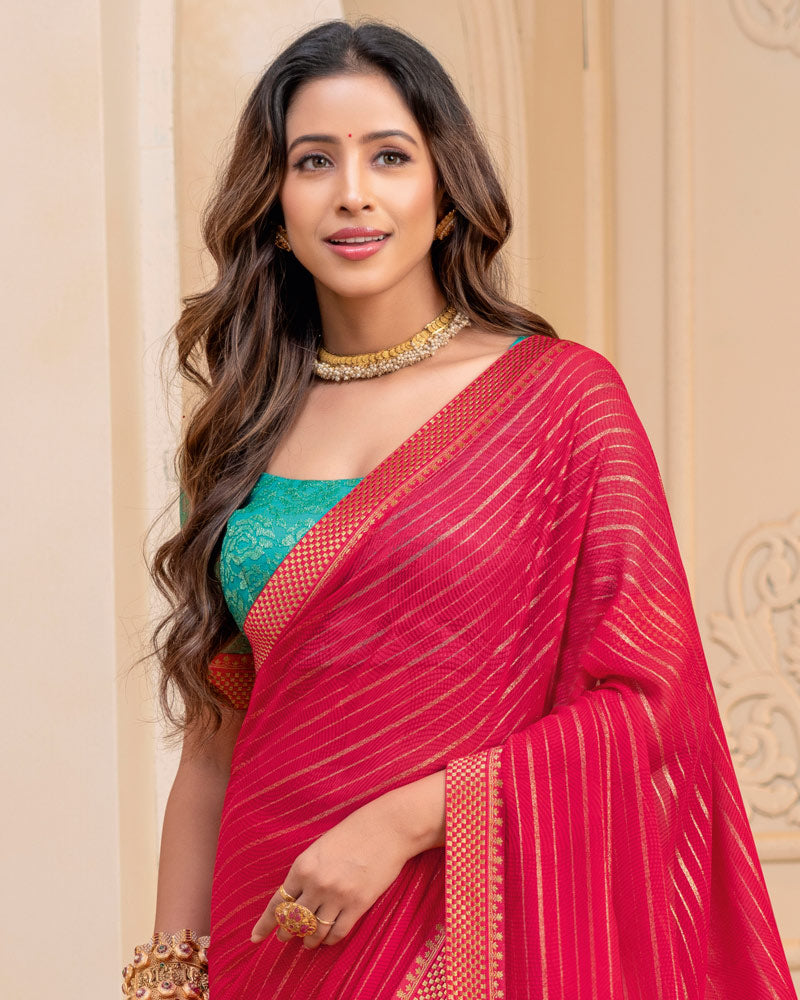 Vishal Prints Raspberry Pink Georgette Saree With Foil Print And Zari Border