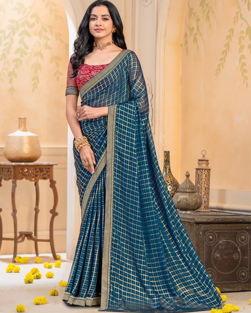 Vishal Prints Dark Navy Blue Georgette Saree With Foil Print And Zari Border