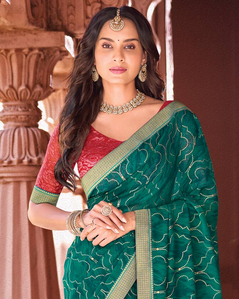 Vishal Prints Deep Teal Green Designer Georgette Saree With Foil Print And Zari Border