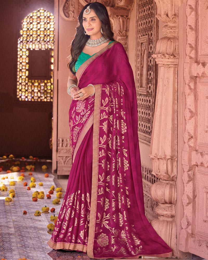 Vishal Prints Purplish Red Designer Georgette Saree With Foil Print And Zari Border
