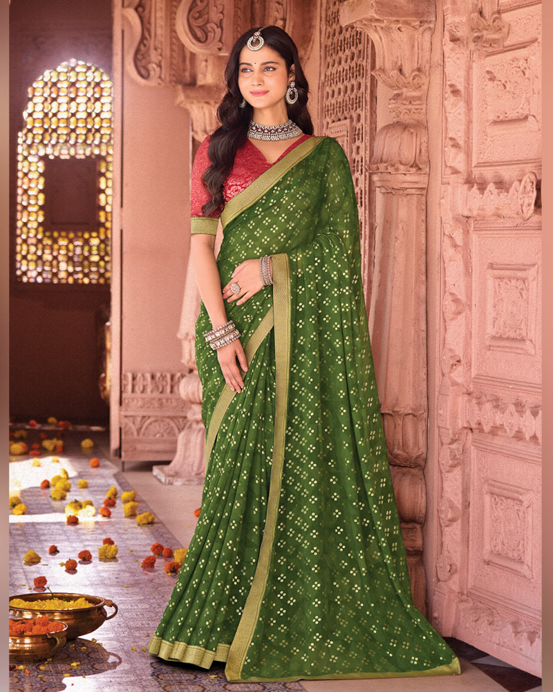 Vishal Prints Dark Mehandi Green Designer Georgette Saree With Foil Print And Zari Border