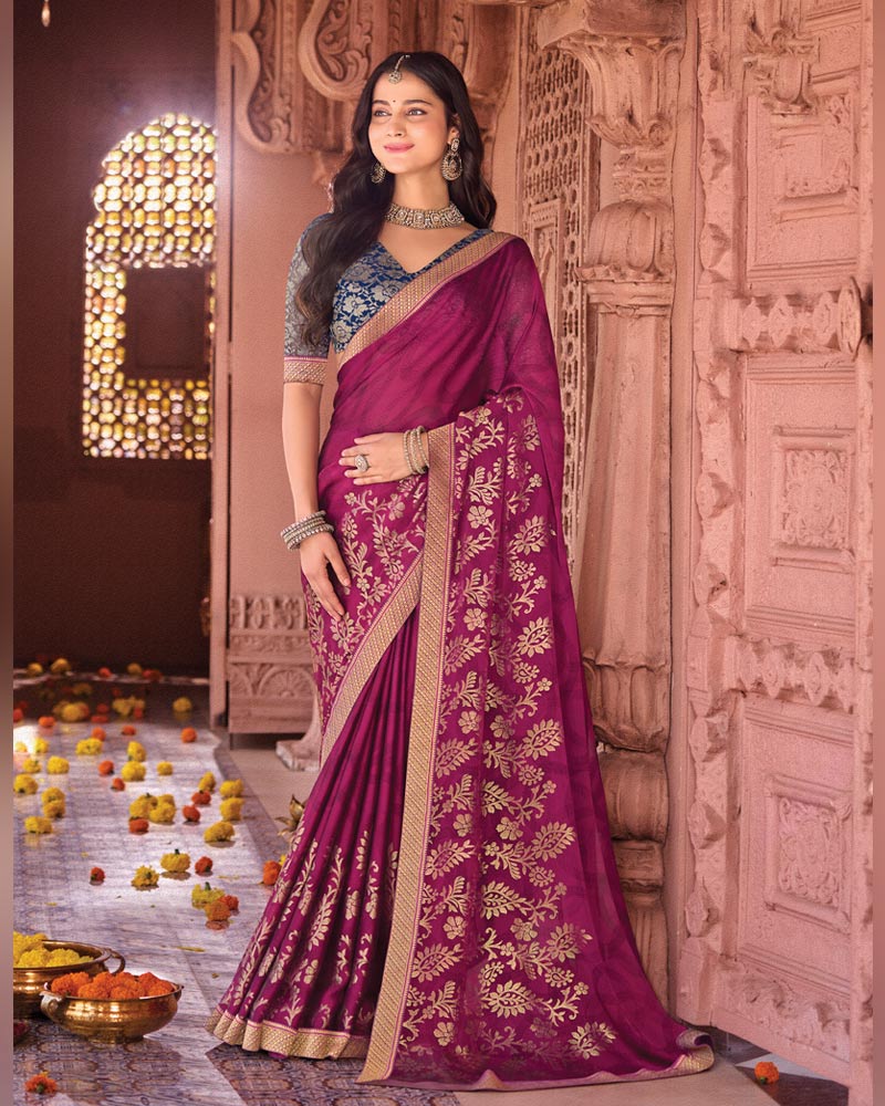 Vishal Prints Pansy Purple Designer Chiffon Saree With Foil Print And Zari Border