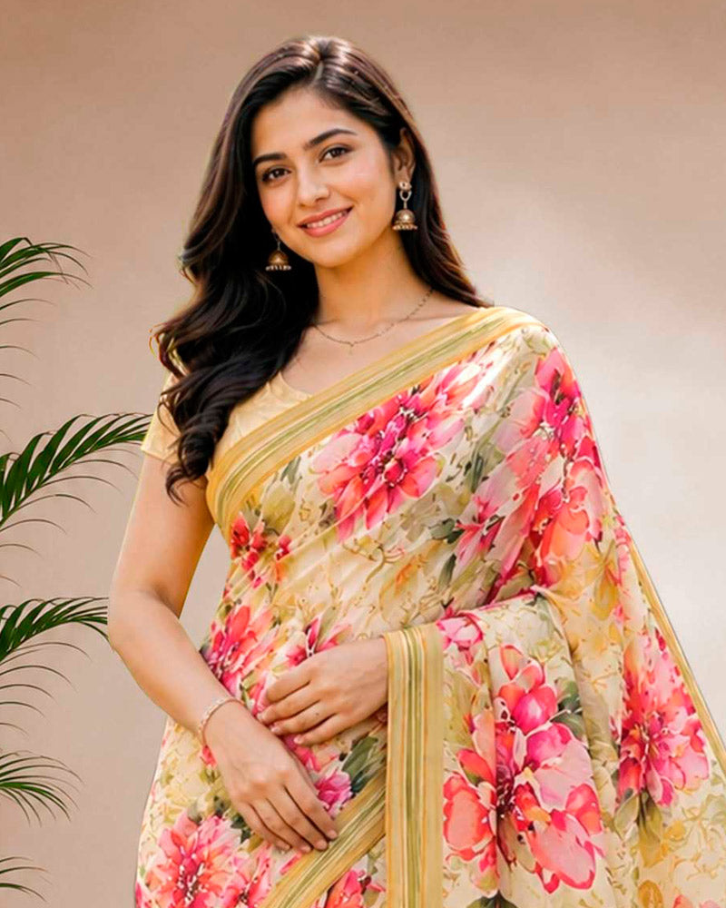 Vishal Prints Cream Floral Digital Print Georgette Saree