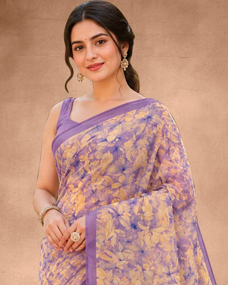 Vishal Prints Cream Purple Floral Digital Print Georgette Saree